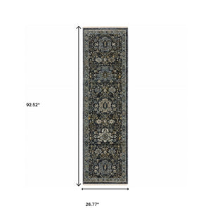 HomeRoots 8' Blue and Ivory Oriental Runner Rug - Timeless Elegance for Hallways, Easy Care, Durable Design 2'3" x 7'6" 507996