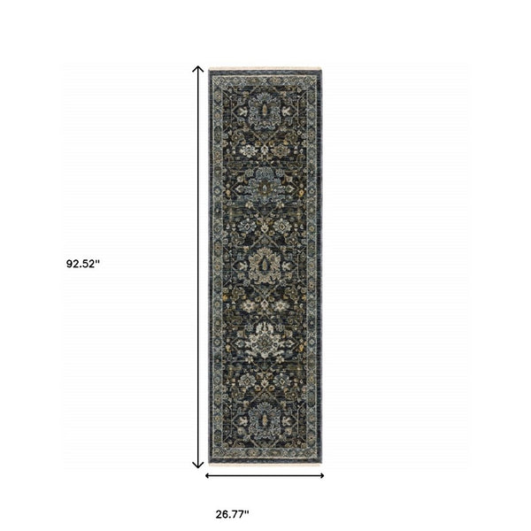 HomeRoots 8' Blue and Ivory Oriental Runner Rug - Timeless Elegance for Hallways, Easy Care, Durable Design 2'3" x 7'6" 507996