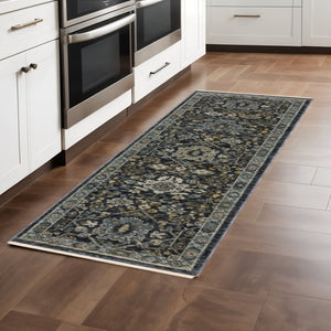 HomeRoots 8' Blue and Ivory Oriental Runner Rug - Timeless Elegance for Hallways, Easy Care, Durable Design 2'3" x 7'6" 507996