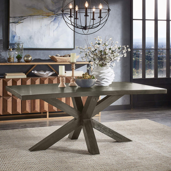 Narvik Oak Veneer Dining Table with Sculptural Starburst Base in Weathered Grey