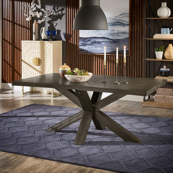 Narvik Oak Veneer Dining Table with Sculptural Starburst Base in Weathered Grey