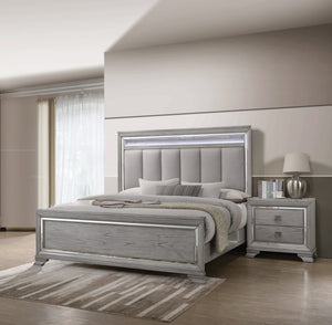English Elm Modern Queen Size Panel Bed 3pc Set with Tufted LED Headboard, Soft Gray Wood Grain Nightstands, Elegant Storage B2741S00106