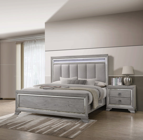 English Elm Modern Queen Size Panel Bed 3pc Set with Tufted LED Headboard, Soft Gray Wood Grain Nightstands, Elegant Storage B2741S00106