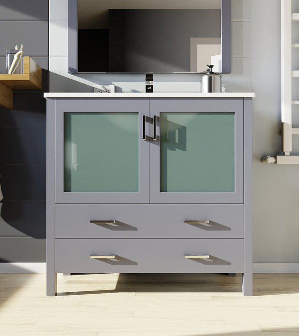 English Elm Dark Grey Bath Vanity 36" W X 18.25" D - Modern Design With White Ceramic Top & Soft-Close Drawers B2731P260437