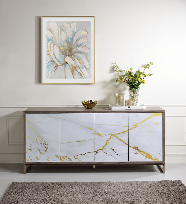 English Elm Paavan White Marble Paint Console Cabinet with Oak & Champagne Accents, 4 Compartments, Modern Storage B2726P245876