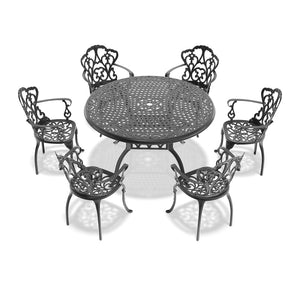 English Elm 7-piece Cast Aluminum Outdoor Dining Set Ornate Floral Carved Patio Furniture W1710S00555