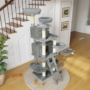 English Elm Large 7 Tier Plush Cat Tree with Dual Condos Hammock Sisal Posts for Multi Cat Homes Gray W1578P447623