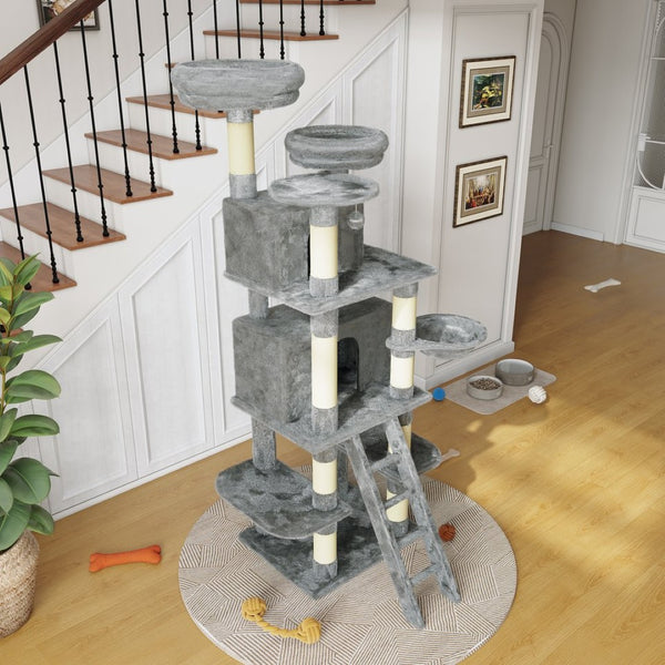 English Elm Large 7 Tier Plush Cat Tree with Dual Condos Hammock Sisal Posts for Multi Cat Homes Gray W1578P447623