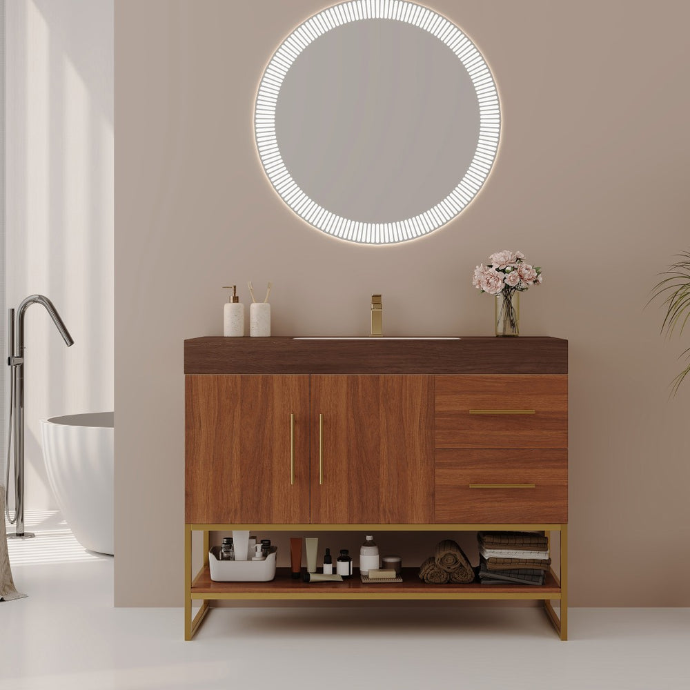 English Elm 36" Freestanding Bathroom Vanity Sintered Stone Top Integrated Basin Gold Hardware W3136S00058