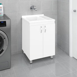 English Elm Dunn Freestanding Laundry Cabinet with Integrated Sink Two Shelves and White Finish B097S00268