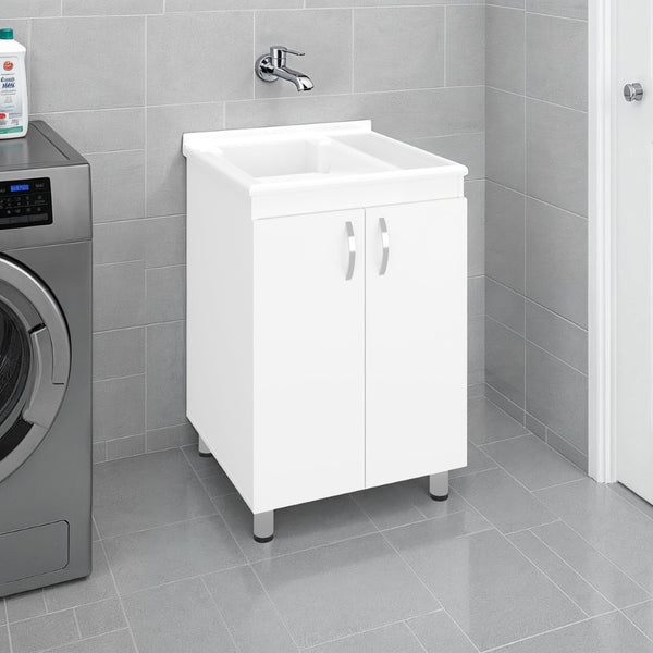English Elm Dunn Freestanding Laundry Cabinet with Integrated Sink Two Shelves and White Finish B097S00268