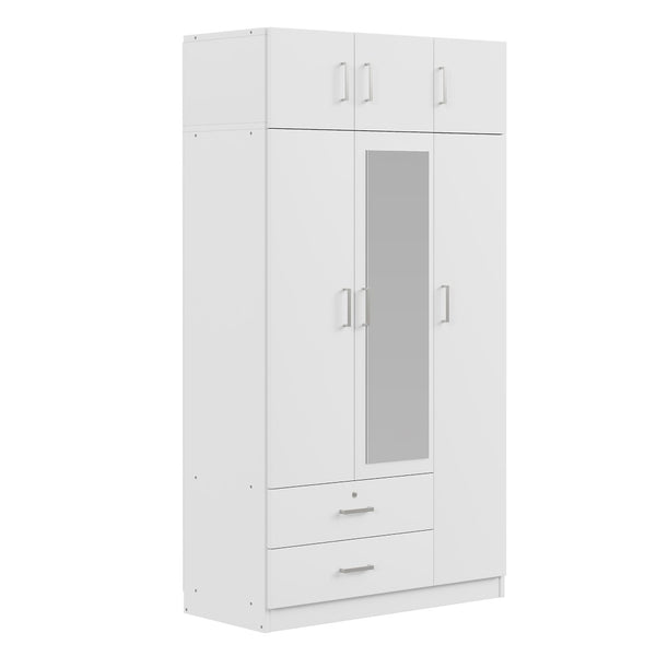 English Elm 3-door Mirrored Wardrobe with Full Length Dressing Mirror Drawers and Top Cabinet White LP006005AAK