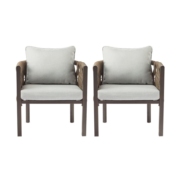 English Elm Christopher Knight Home® - 2-Pieces Outdoor Metal Patio Club Chair with Teslin Rope, Thick Cushions, Rust-Resistant Frame, Brown N780P254451B