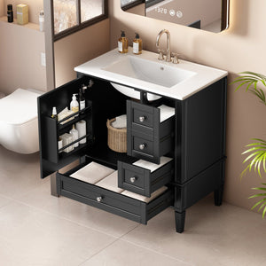 English Elm 30 30 Inch Bathroom Vanity with Ceramic Sink, Modern Compact 3-Drawer Storage Cabinet for Small Baths Black N710P247499B