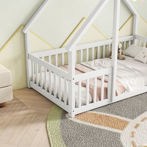English Elm Twin Wood House-Shaped Floor Bed with Fence and Guardrails – Playful Pine Frame for Imaginative Kids Retreat White W504P143290