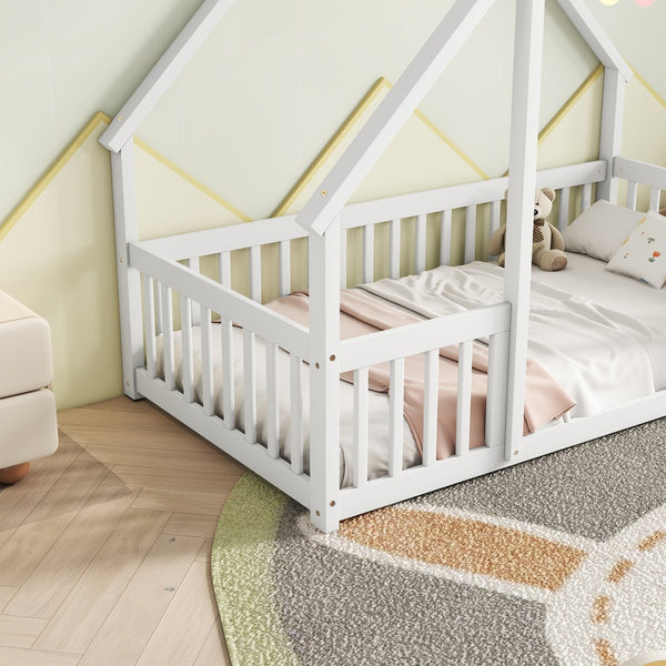 English Elm Twin Wood House-Shaped Floor Bed with Fence and Guardrails – Playful Pine Frame for Imaginative Kids Retreat White W504P143290