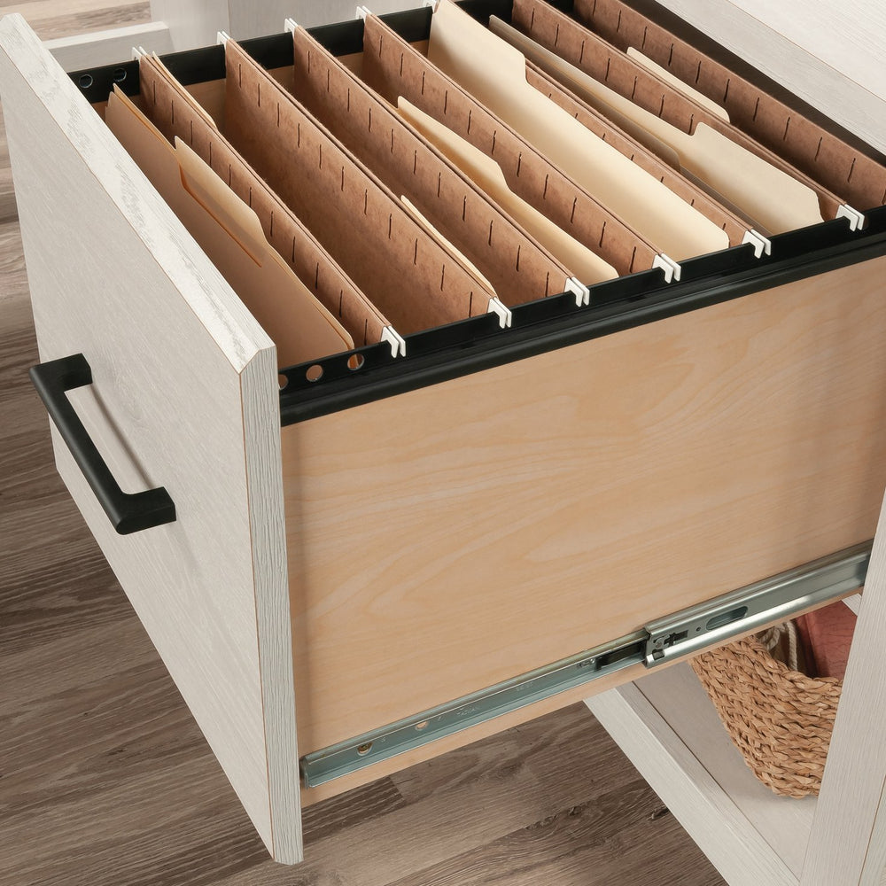 English Elm L-Shaped Desk: Modern White Finish For Small Spaces, Home Offices & Organized Workstations B356P402655