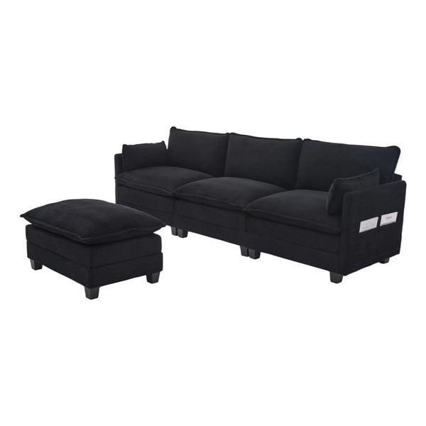 English Elm United We Win Modular Corduroy Sectional with Ottoman Low Profile Living Room Couch Black W1568S00260