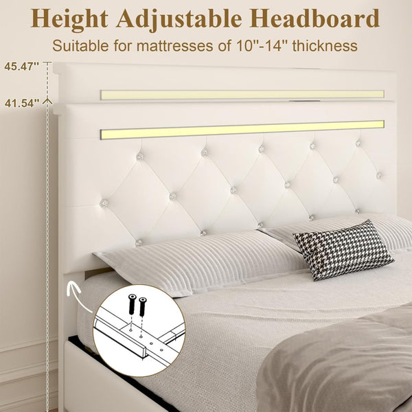 English Elm Queen Storage Bed with Led Lighting Crystal Tufted Pu Leather Headboard Charging Ports White W5722P462460