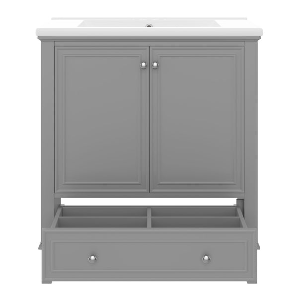 English Elm 30" Bathroom Vanity with Sink — Modern Freestanding 30" Cabinet with Ceramic Top, Drawer, Doors, Shelf Grey N725P221263E