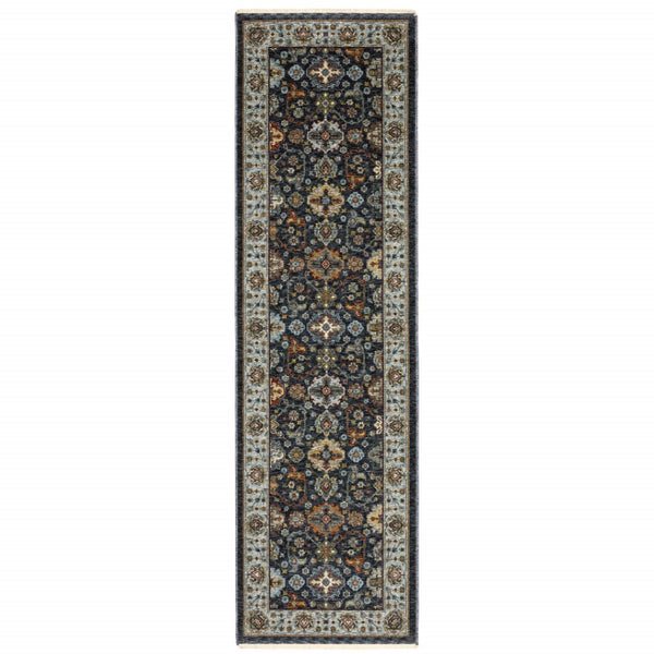 HomeRoots 2' X 8' Elegant Oriental Power Loom Runner Rug with Fringe - Timeless Design for Any Space Blue/ Multi 2'3" x 7'6" 508003