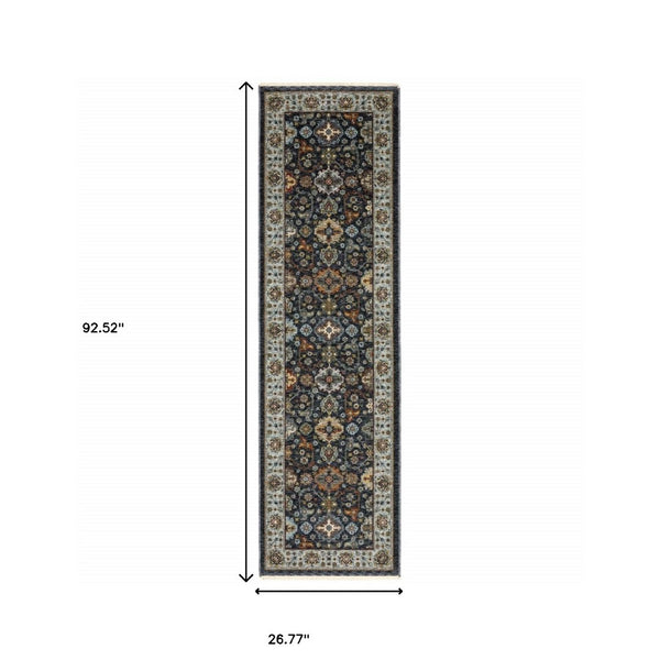 HomeRoots 2' X 8' Elegant Oriental Power Loom Runner Rug with Fringe - Timeless Design for Any Space Blue/ Multi 2'3" x 7'6" 508003