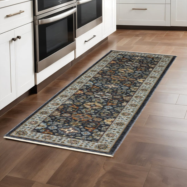 HomeRoots 2' X 8' Elegant Oriental Power Loom Runner Rug with Fringe - Timeless Design for Any Space Blue/ Multi 2'3" x 7'6" 508003