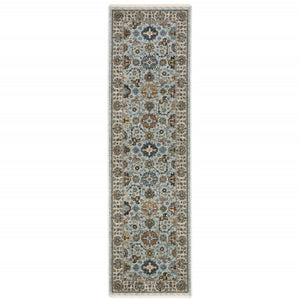 HomeRoots 2' X 8' Elegant Oriental Power Loom Runner Rug with Fringe - Timeless Design for Any Space Blue/ Beige 2'3" x 7'6" 508010