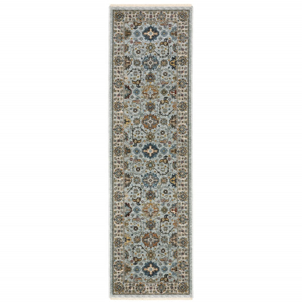 HomeRoots 2' X 8' Elegant Oriental Power Loom Runner Rug with Fringe - Timeless Design for Any Space Blue/ Beige 2'3" x 7'6" 508010