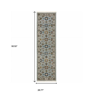 HomeRoots 2' X 8' Elegant Oriental Power Loom Runner Rug with Fringe - Timeless Design for Any Space Blue/ Beige 2'3" x 7'6" 508010