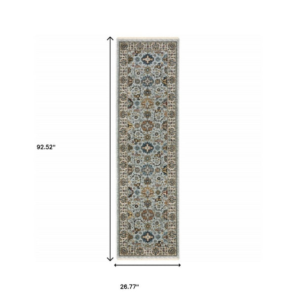 HomeRoots 2' X 8' Elegant Oriental Power Loom Runner Rug with Fringe - Timeless Design for Any Space Blue/ Beige 2'3" x 7'6" 508010
