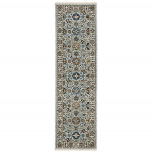 HomeRoots 2' X 8' Elegant Oriental Power Loom Runner Rug with Fringe - Timeless Design for Any Space Blue/ Beige 2'3" x 7'6" 508010