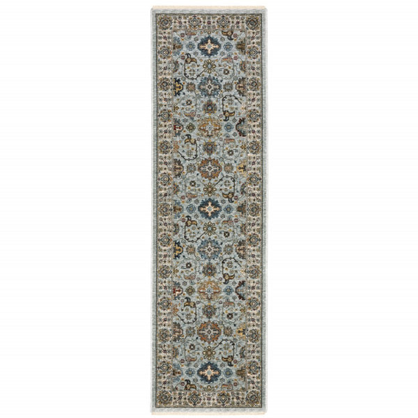 HomeRoots 2' X 8' Elegant Oriental Power Loom Runner Rug with Fringe - Timeless Design for Any Space Blue/ Beige 2'3" x 7'6" 508010