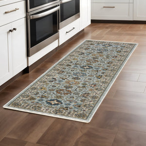 HomeRoots 2' X 8' Elegant Oriental Power Loom Runner Rug with Fringe - Timeless Design for Any Space Blue/ Beige 2'3" x 7'6" 508010