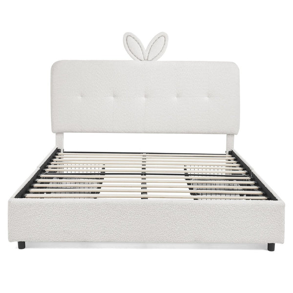English Elm Full Size Kids Storage Bed Boucle Upholstered Rabbit Ear Headboard with Led Lighting Beige W1413P384924