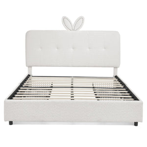 English Elm Queen Boucle Upholstered Kids Bed with Rabbit Ear Headboard Led Lighting Storage Drawers Beige W1413P384927