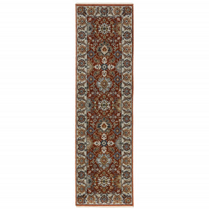 Homeroots 2' X 8' Red Blue Ivory Gold And Navy Oriental Power Loom Stain Resistant Runner Rug With Fringe  Polyester 508017
