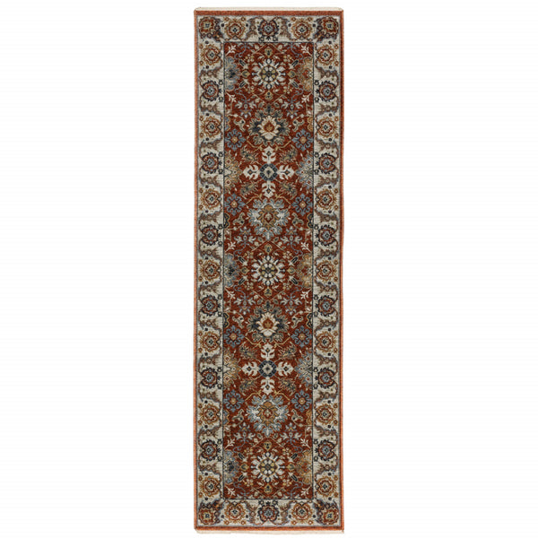 Homeroots 2' X 8' Red Blue Ivory Gold And Navy Oriental Power Loom Stain Resistant Runner Rug With Fringe  Polyester 508017