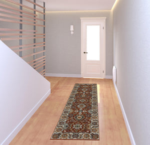 Homeroots 2' X 8' Red Blue Ivory Gold And Navy Oriental Power Loom Stain Resistant Runner Rug With Fringe  Polyester 508017