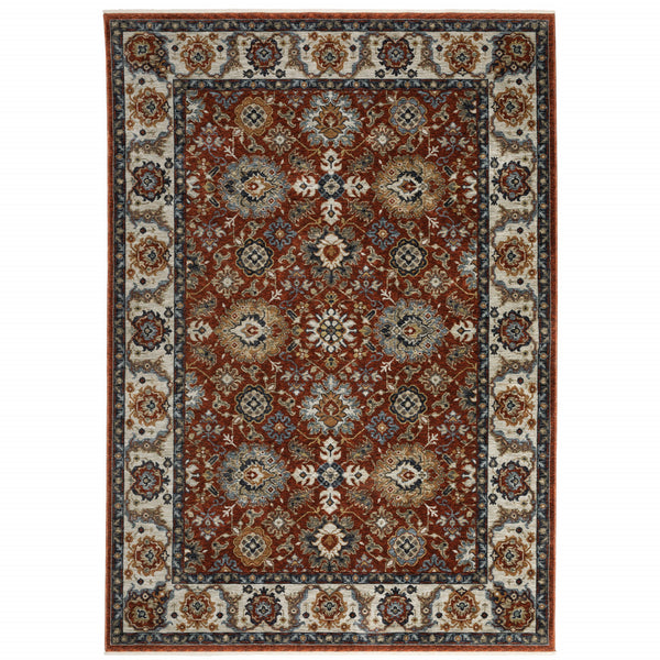 Homeroots 3' X 5' Red Blue Ivory Gold And Navy Oriental Power Loom Stain Resistant Area Rug With Fringe  Polyester 508019