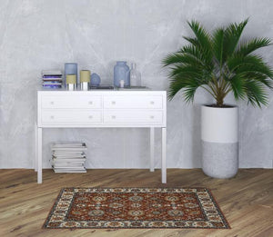 Homeroots 3' X 5' Red Blue Ivory Gold And Navy Oriental Power Loom Stain Resistant Area Rug With Fringe  Polyester 508019