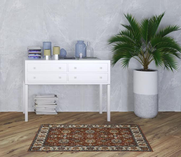 Homeroots 3' X 5' Red Blue Ivory Gold And Navy Oriental Power Loom Stain Resistant Area Rug With Fringe  Polyester 508019