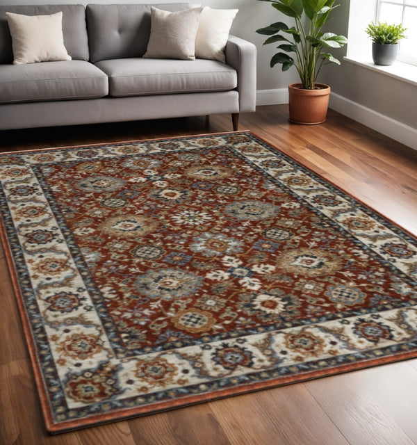 HomeRoots 2' X 8' Stain-Resistant Oriental Runner Rug with Fringed Tassels - Elegant Red, Blue, and Gold Design 5' X 8' 508020