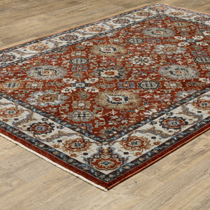 Homeroots 5' X 8' Red Blue Ivory Gold And Navy Oriental Power Loom Stain Resistant Area Rug With Fringe  Polyester 508020