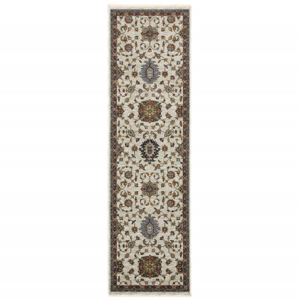 Homeroots 2' X 8' Beige Rust Red Blue Gold And Grey Oriental Power Loom Stain Resistant Runner Rug With Fringe  Polyester 508024