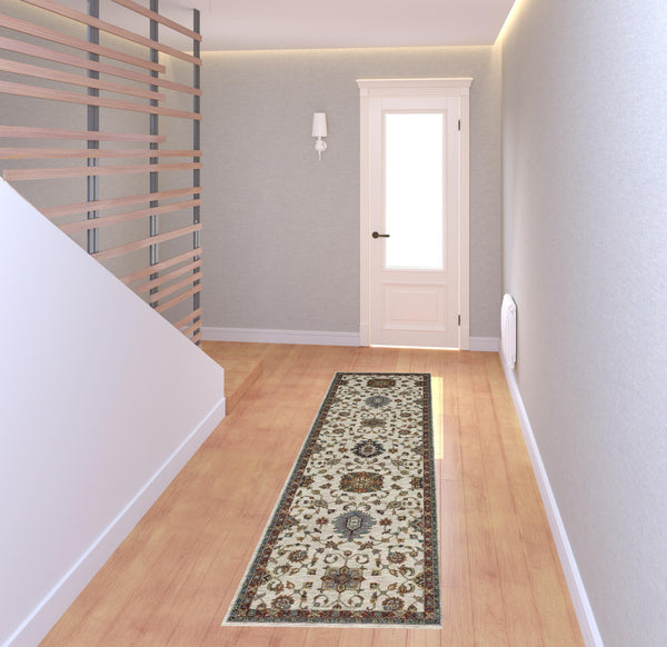 Homeroots 2' X 8' Beige Rust Red Blue Gold And Grey Oriental Power Loom Stain Resistant Runner Rug With Fringe  Polyester 508024