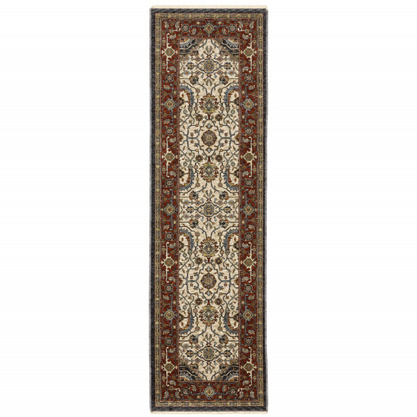 Homeroots 2' X 8' Ivory Beige Red Blue Gold Green And Navy Oriental Power Loom Stain Resistant Runner Rug With Fringe  Polyester 508031