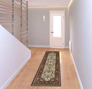 Homeroots 2' X 8' Ivory Beige Red Blue Gold Green And Navy Oriental Power Loom Stain Resistant Runner Rug With Fringe  Polyester 508031