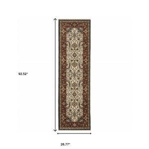 HomeRoots 2' Ivory Beige Navy Red Green Blue Gold Oriental Runner Rug - Stain Resistant & Elegant Design 2'3" x 7'6" 508031