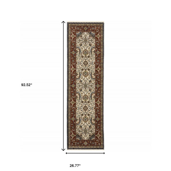 HomeRoots 2' Ivory Beige Navy Red Green Blue Gold Oriental Runner Rug - Stain Resistant & Elegant Design 2'3" x 7'6" 508031